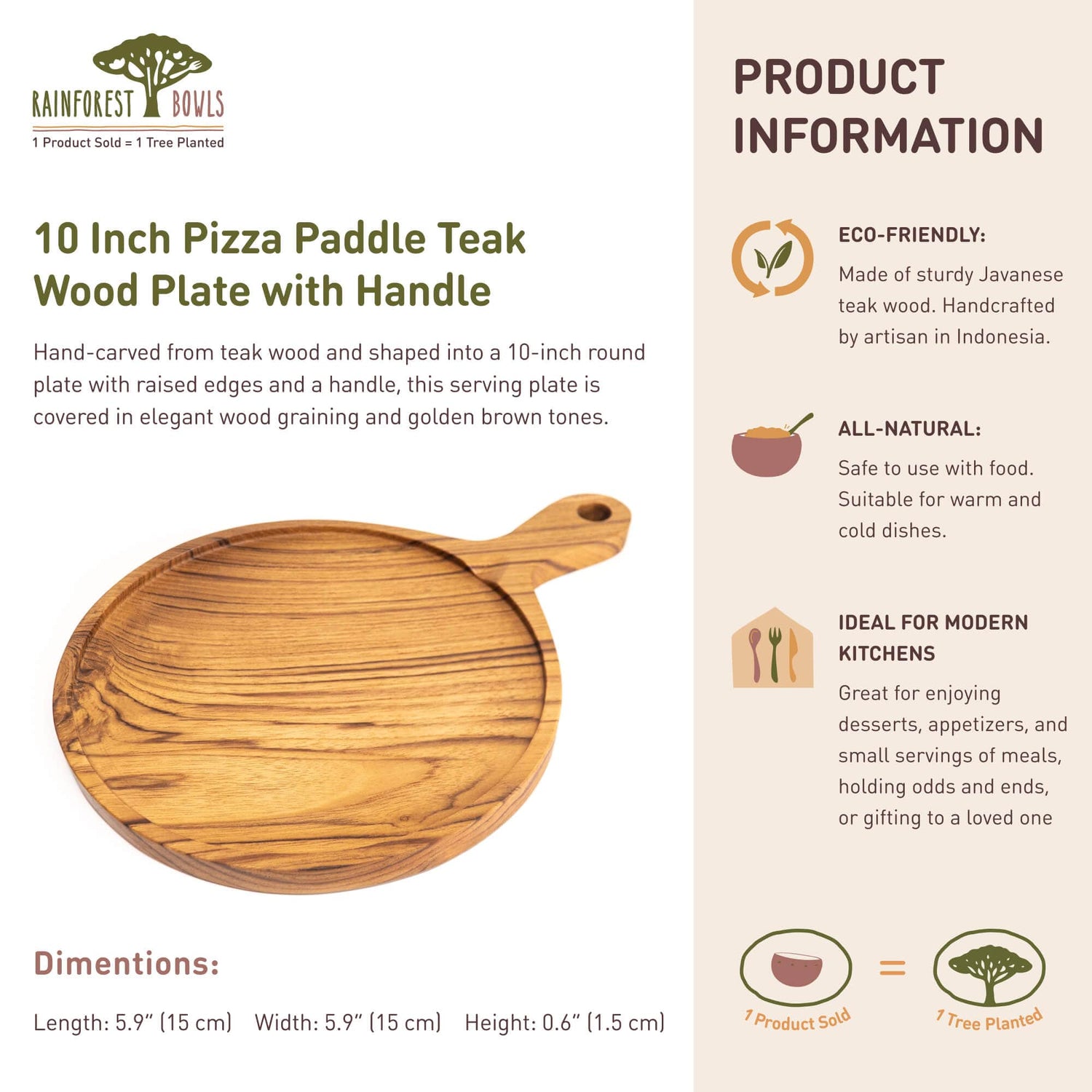 10 Inch Teak Wood Pizza Board with Handle & Rim
