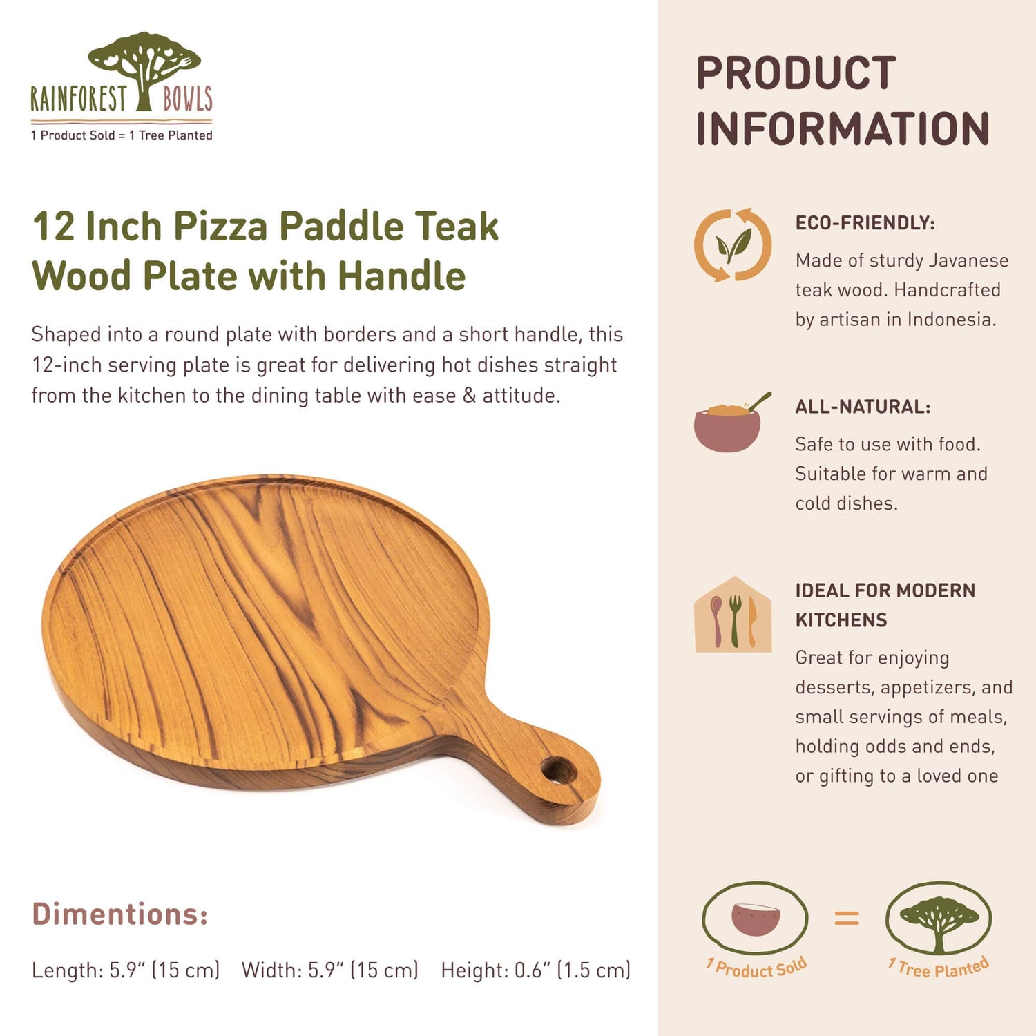 12 Inch Teak Wood Pizza Board with Handle & Rim