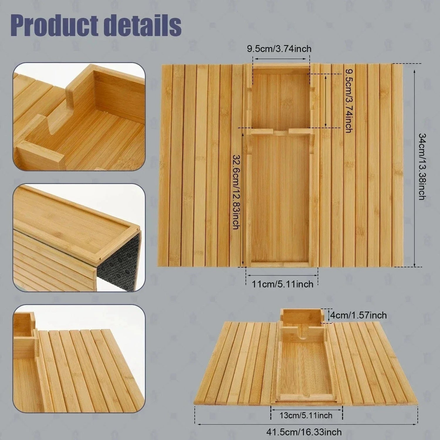 Couch Cup Holder Bamboo Wood Sofa Armrest Tray – Foldable Non-Slip Sofa Cup Holder and Side Storage Tray