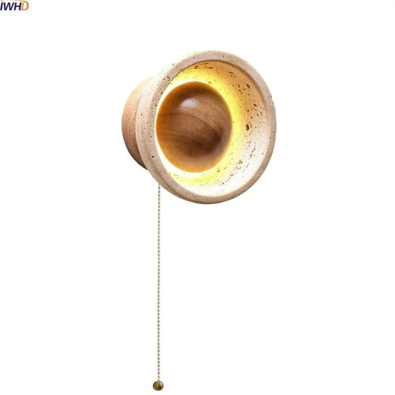 LED Wall Lamp with Switch – Wood & Travertine Wall Sconce for Bedroom, Living Room, or Stair Lighting