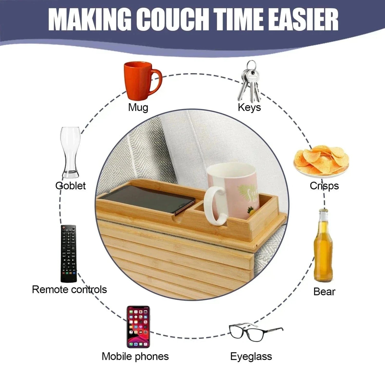 Couch Cup Holder Bamboo Wood Sofa Armrest Tray – Foldable Non-Slip Sofa Cup Holder and Side Storage Tray