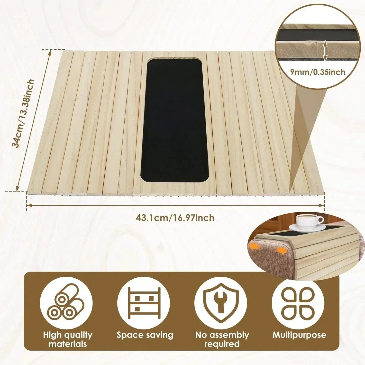 Couch Cup Holder Bamboo Wood Sofa Armrest Tray – Foldable Non-Slip Sofa Cup Holder and Side Storage Tray