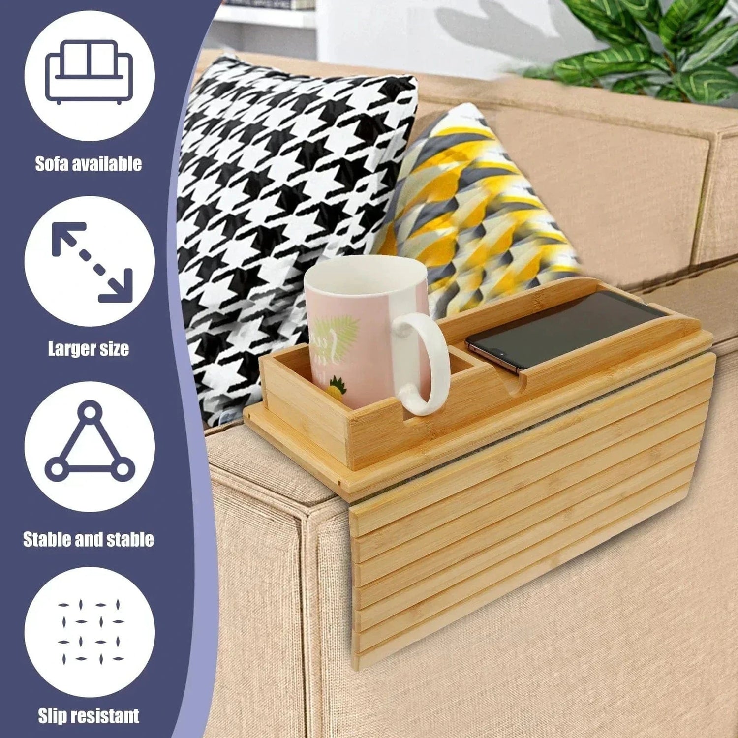 Couch Cup Holder Bamboo Wood Sofa Armrest Tray – Foldable Non-Slip Sofa Cup Holder and Side Storage Tray