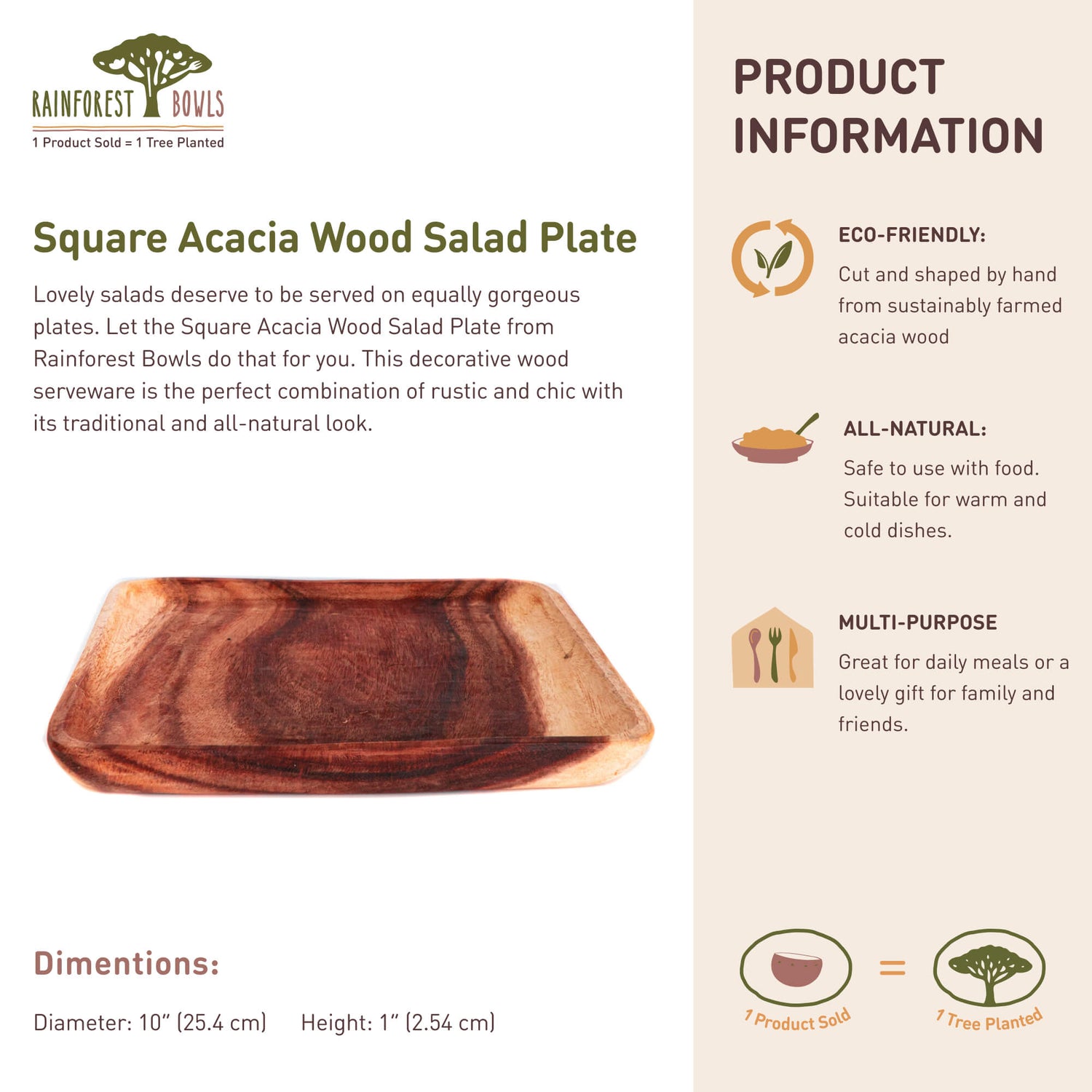 Square Acacia Wood Salad Plate