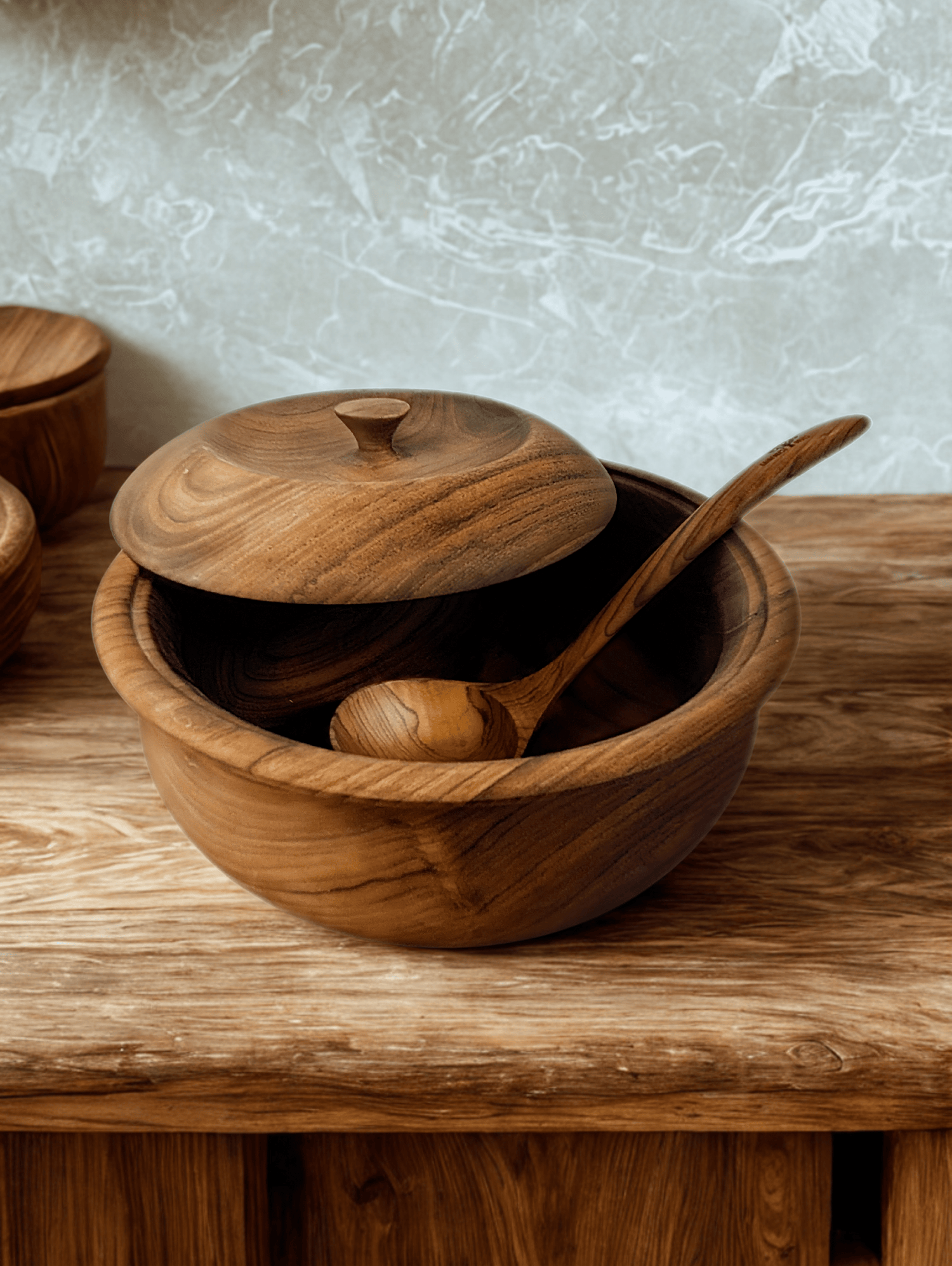 Teak Wood Hot Pot Soup Cooking Serving Ladle Set
