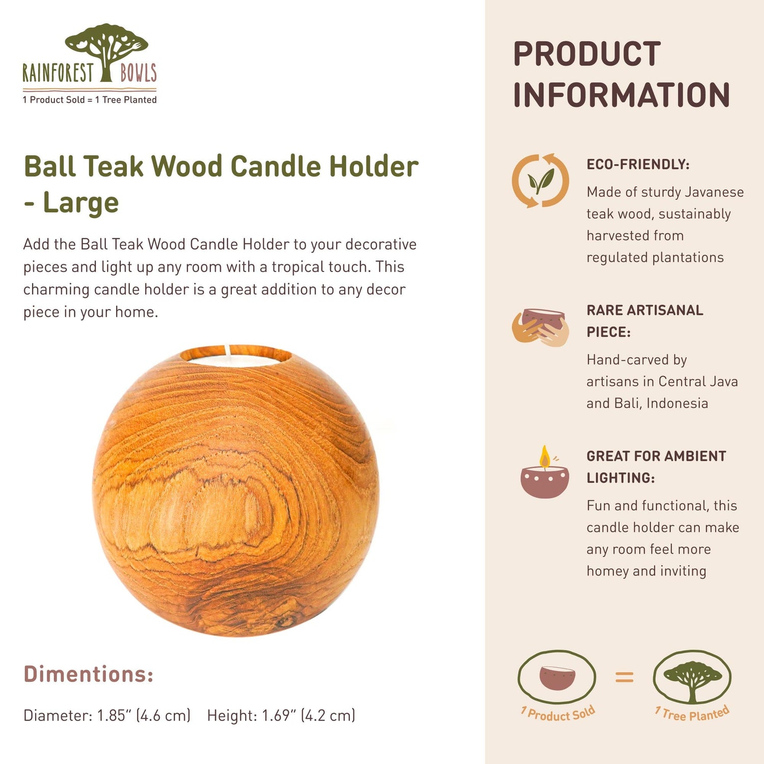 Ball Teak Wood Candle Holder - Large