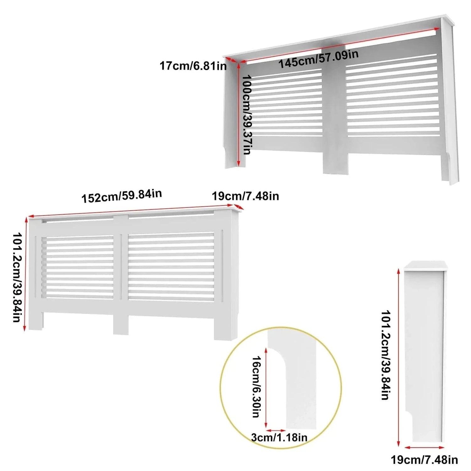 Wood Radiator Cover Cabinet – White MDF Heater Cover with Horizontal Slats